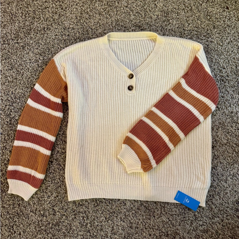 Brand new Cupshe V-Neck Sweater with Cream and Brown Stripes